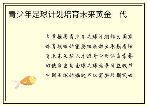 青少年足球计划培育未来黄金一代